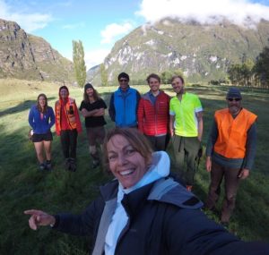 The Catch Team: Tamsin with Robin, Sarah, Reuben, Mark, Donald, Corey and Matt before heading up the East Matukituki Valley - a perfect day for it! Photo Tamsin Orr-Walker