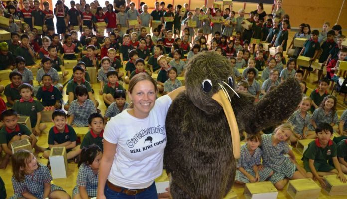 MEG coordinator Natalie Collicott and Koro the Kiwi (MEG's mascot) at Point View School.