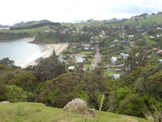 A view of a beach from a hillside