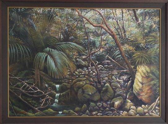 This large oil painting of two fantails in a stream in the Hutt Valley hangs on a wall in Phill's home. It features a tree fuchsia, "ice-cream to possums," Phill says.