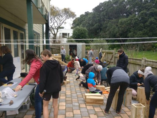 Mt Cook/Newtown/Berhampore volunteers build trap boxes at a recent working bee.