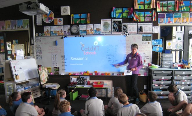 Liz Maire takes a session at Snells Beach School.