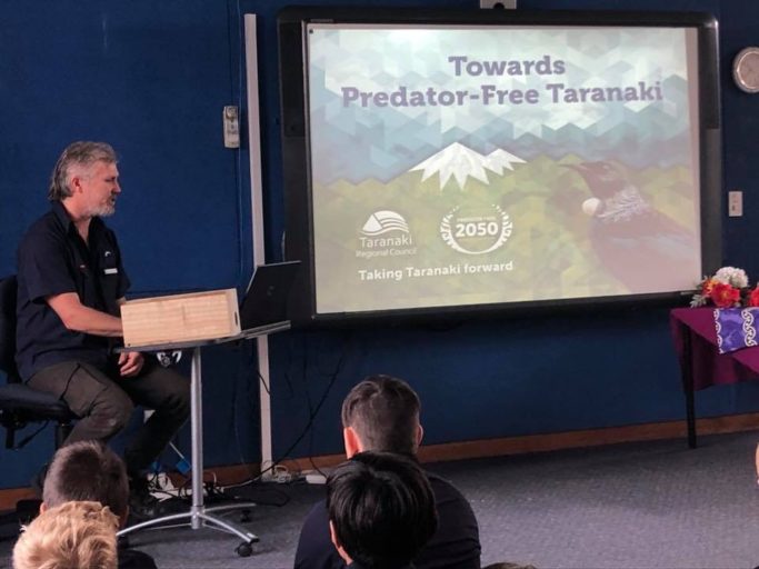 Chauncy Ardell from Taranaki Regional Council talks to the senior class about becoming predator free.