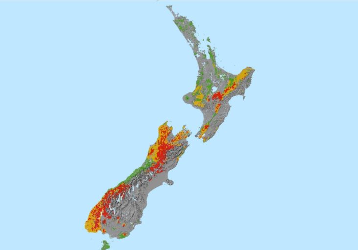 Map showing forest cover in New Zealand.