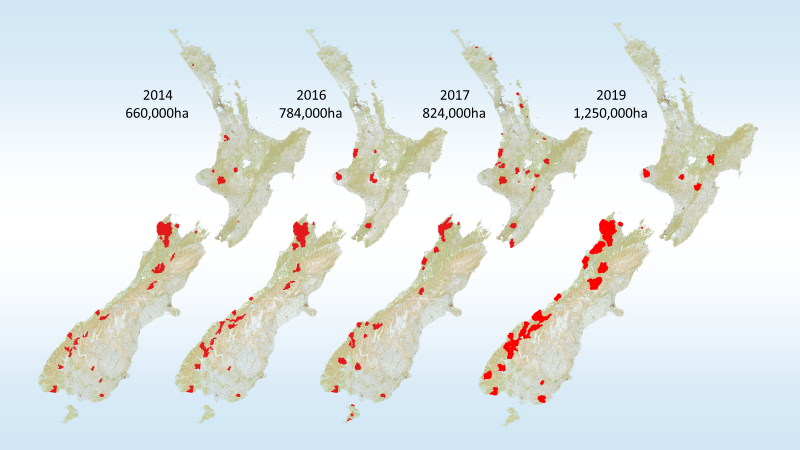 Maps showing 1080 coverage in New Zealand over four years