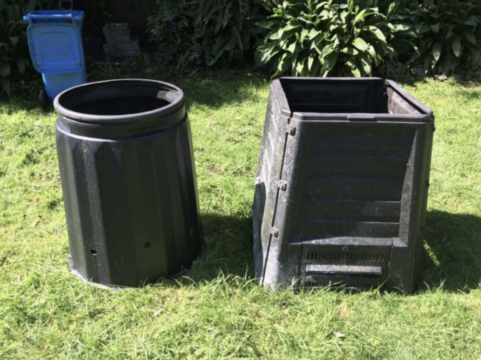 Two common types of compost bins.