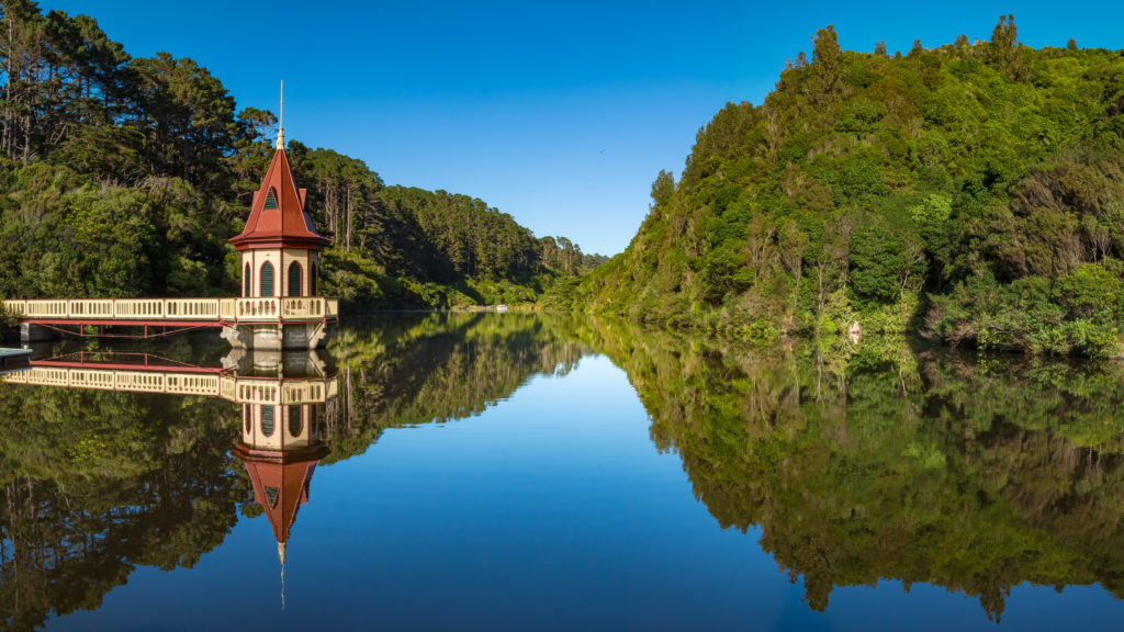 Image of Roto Kawau (lower reservoir), and the historic valve tower