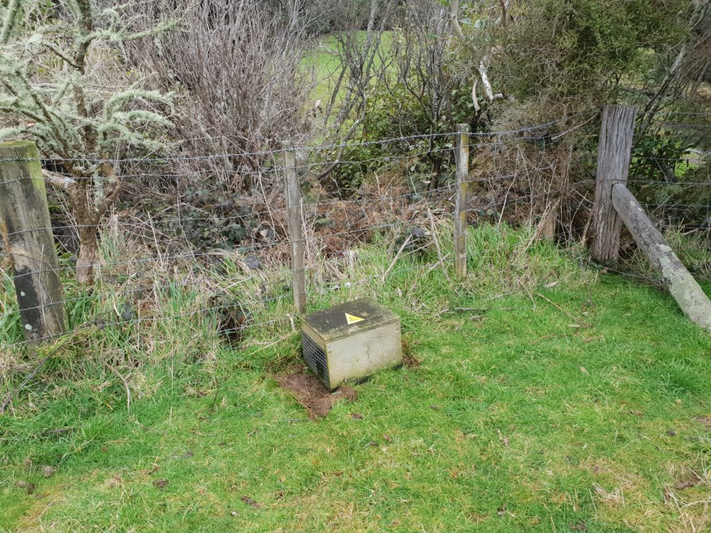 A trap box alongside a fence on short grass