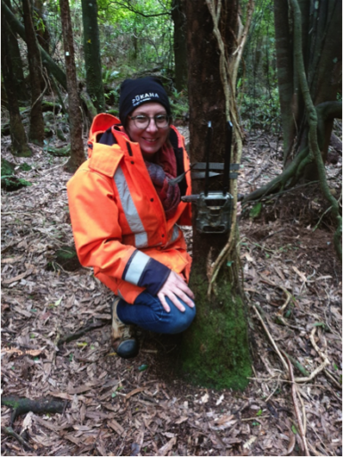 Pukaha General Manager, Emily Court, with a remote camera that we use to check for apex predators that might have slipped through the net. No news is good news in this case. Photo @ John Bissell.