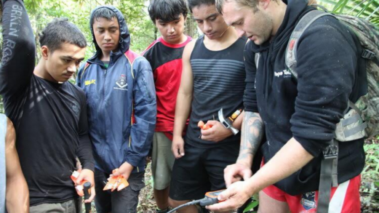 Group of secondary students learning how to use GPS on a secondary course.