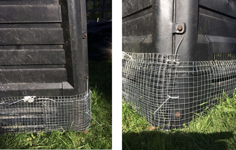 Photo showing how to cable tie the netting to a square compost bin. Image credit: Rod Boyes.