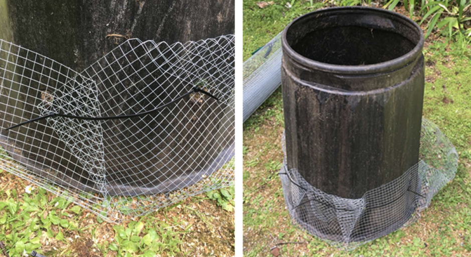 Photo showing how to cable tie the netting to a round compost bin. Photo @ Tim Park.