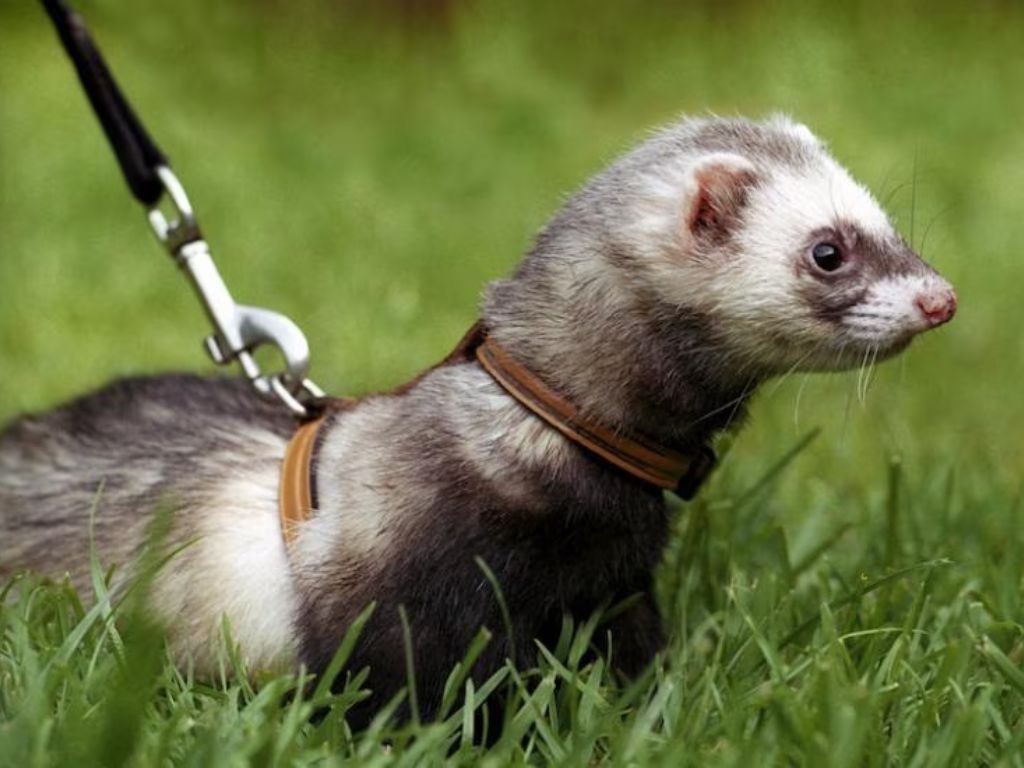 A pet ferret on a leash