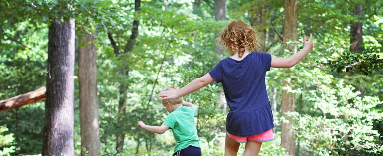 Children balancing on a fallen log.