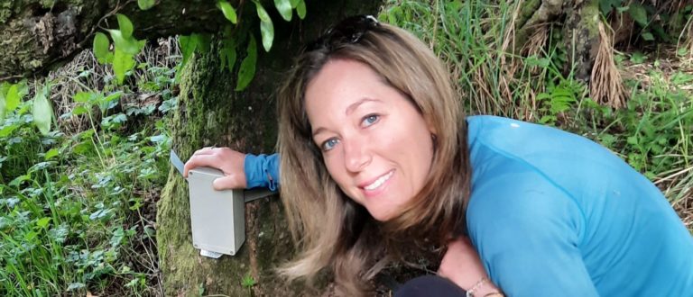 Helen attaching a device to a tree.