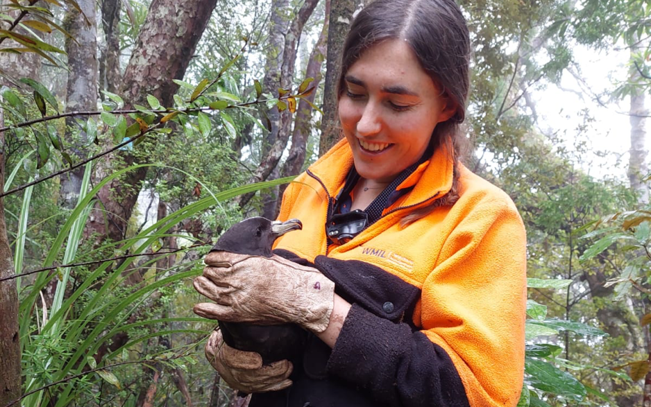 Marcia holding a petrel in the bush.
