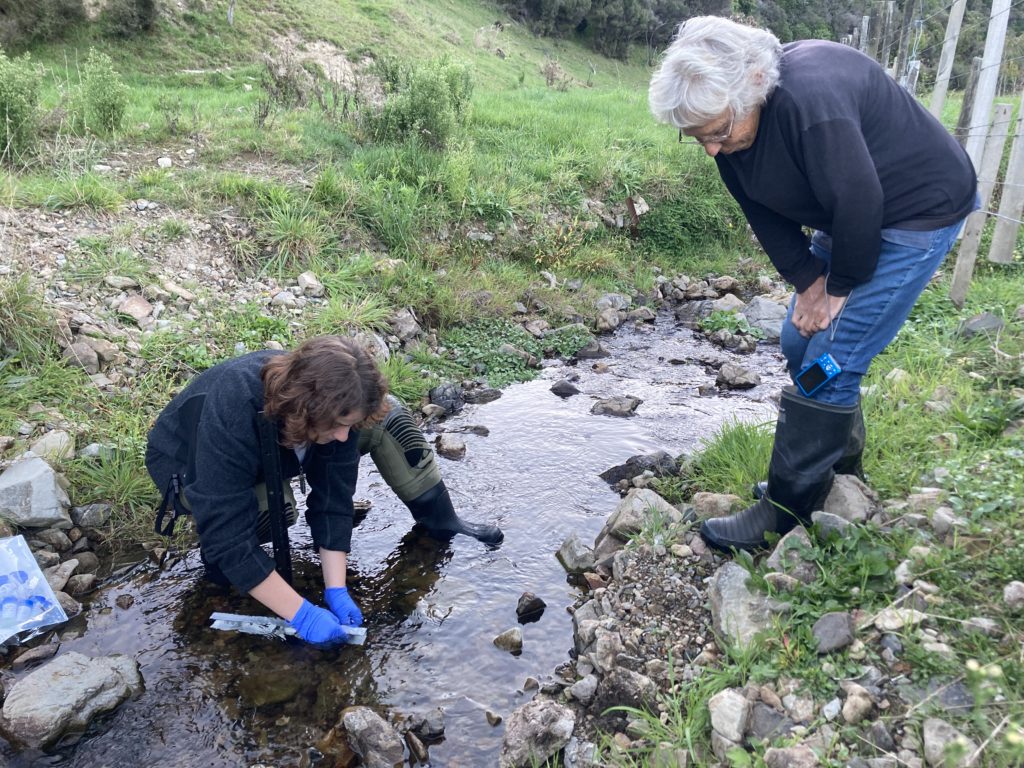 Two people collecting water from a stream.