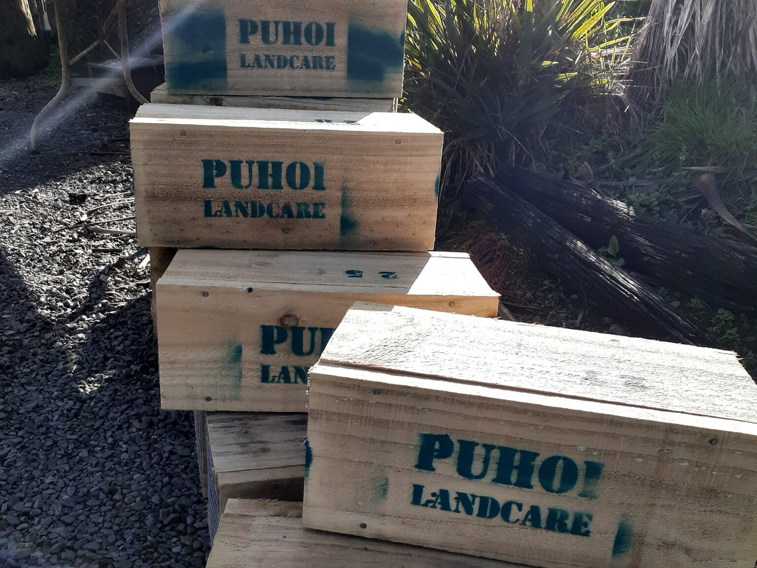 Wooden traps with Puhoi Landcare written on the side.