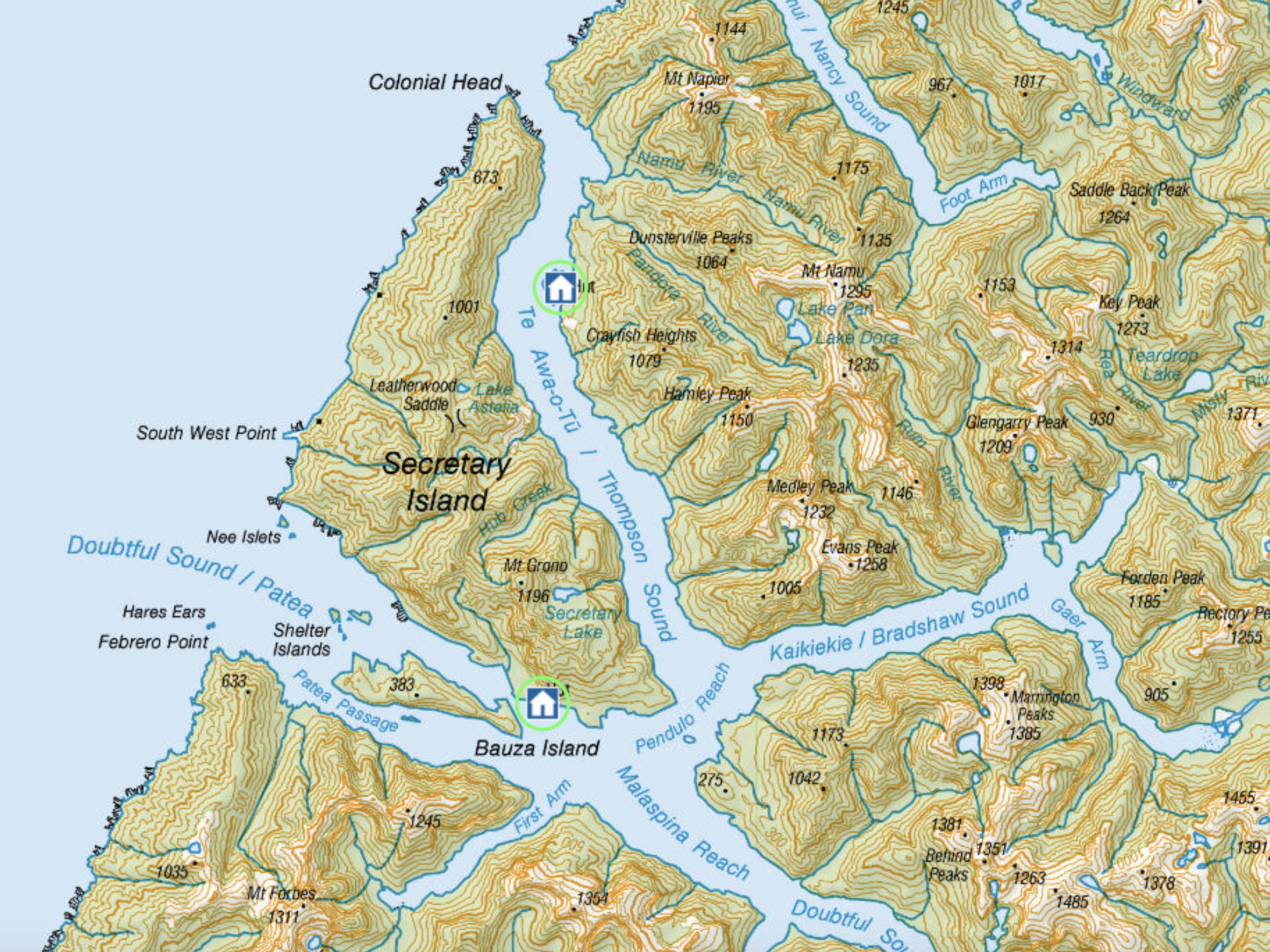 A map showing Secretary Island on the east coast of New Zealand, in Fiordland.