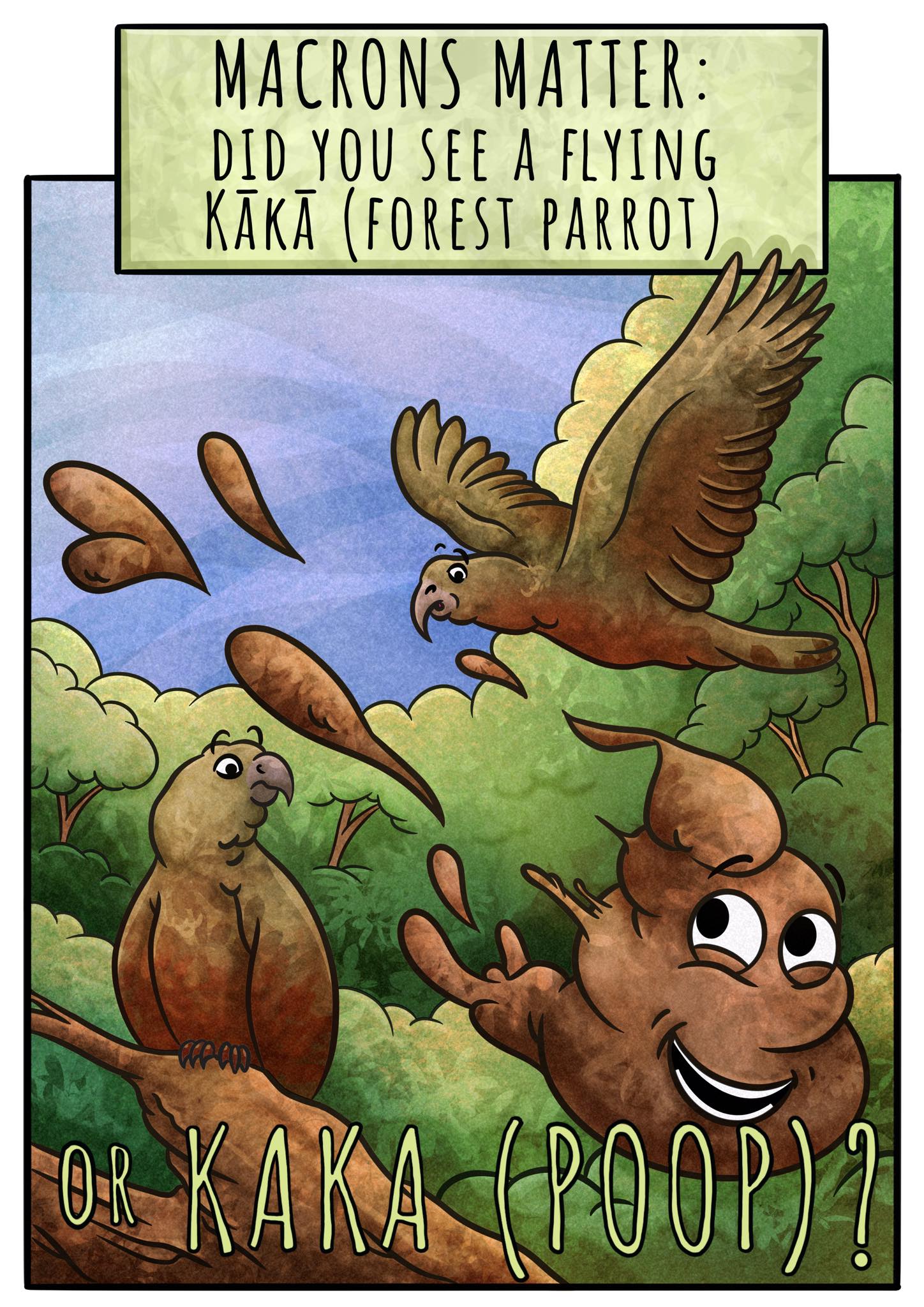 Image of a poop emoji (kaka) and a kākā bird. Accentuating the macrons being important in a word.
