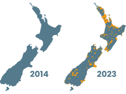 Map showing no community groups in NZ in 2014, and many in 2023
