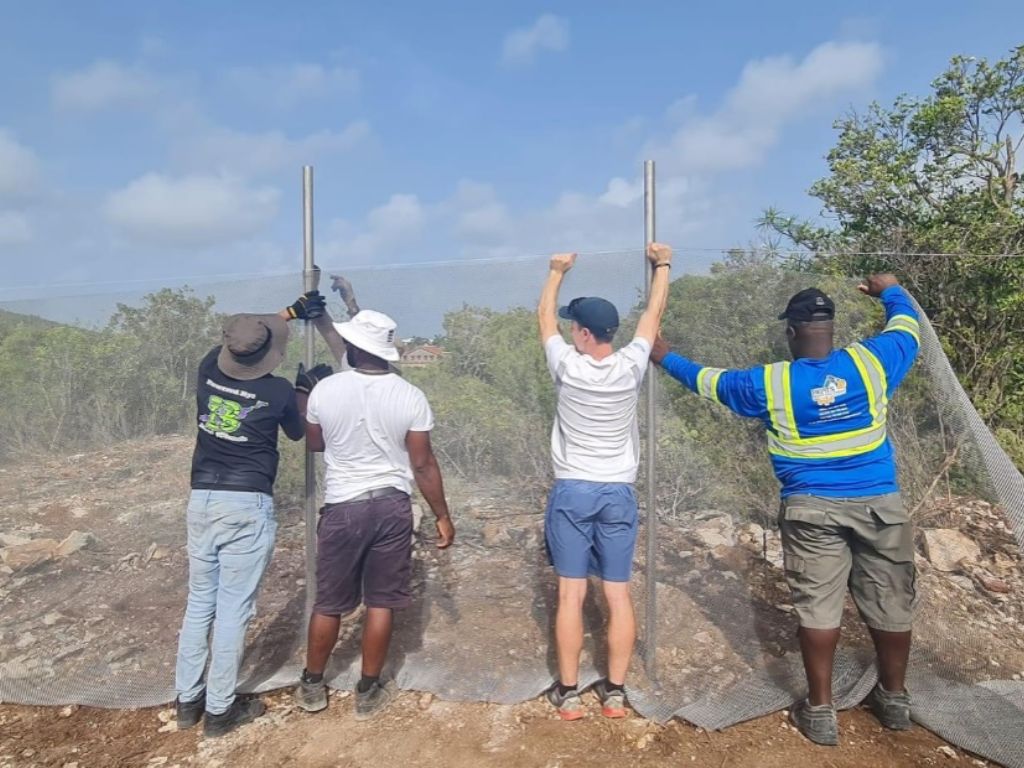 Four people installing a predator proof fence