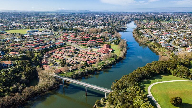 Aerial view of Hamilton including the Waikato river