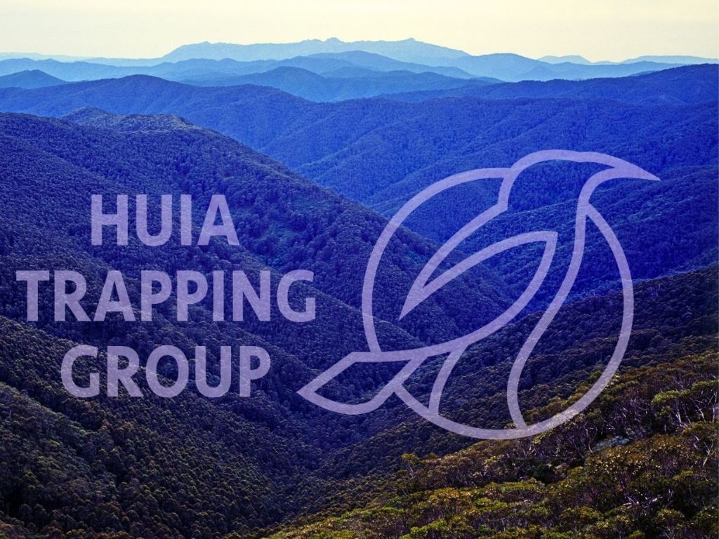 Huia Trapping Group logo with a mountainous bushy background