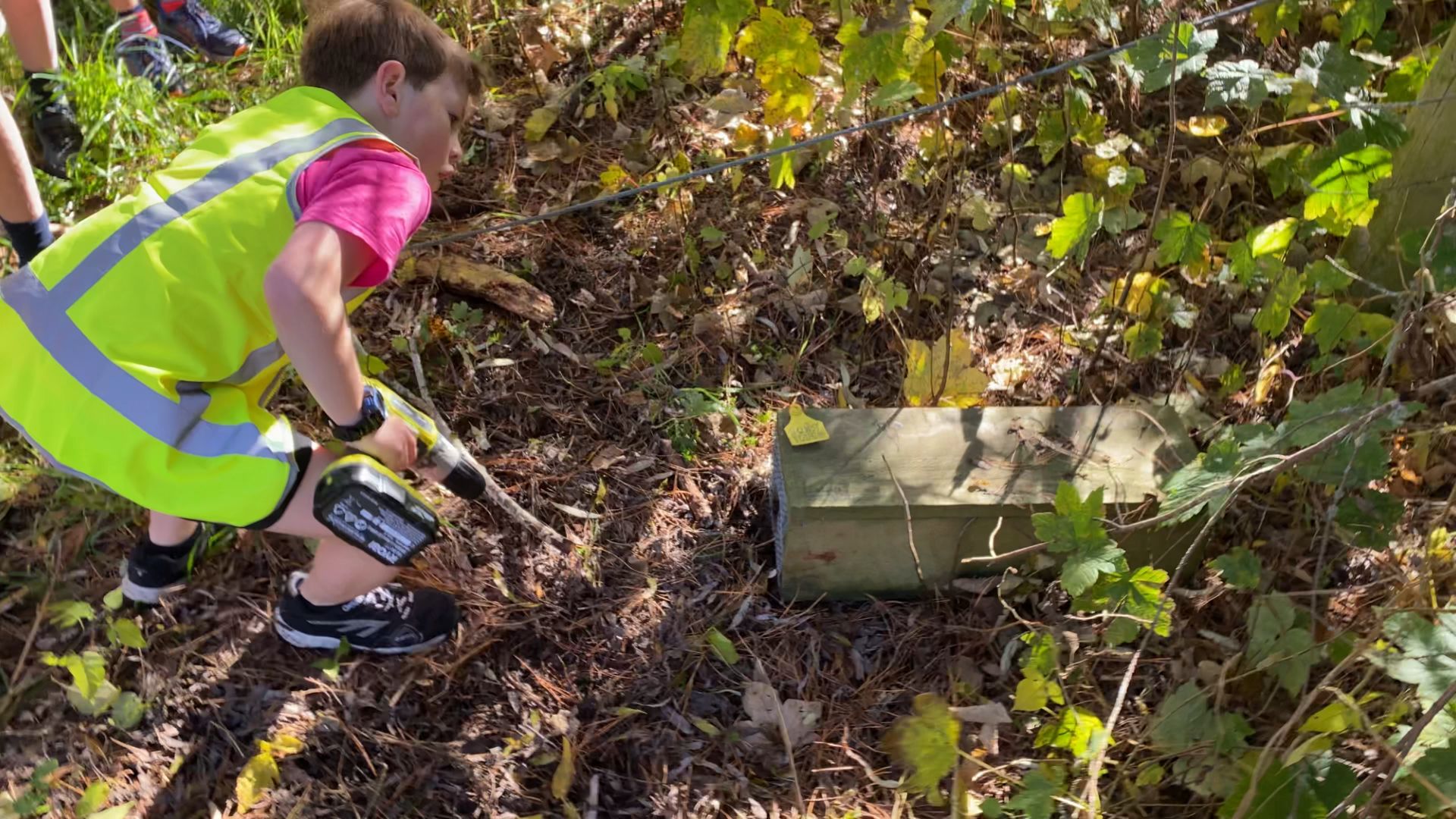 8 year old Harry checking one of his traps in the bush.