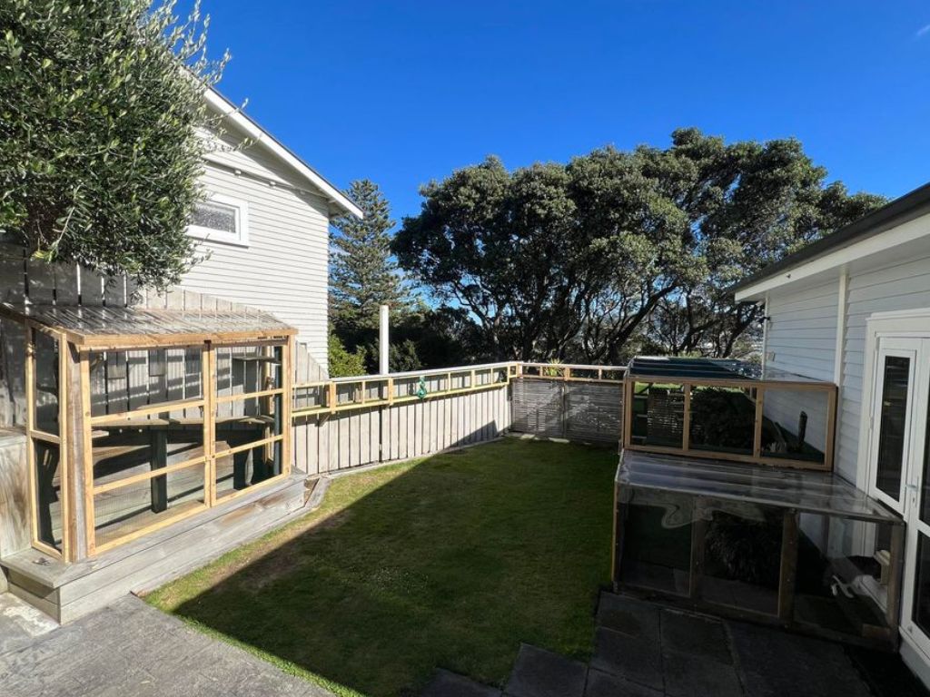 A backyard with a big catio and tunnel running across fence to another catio area.