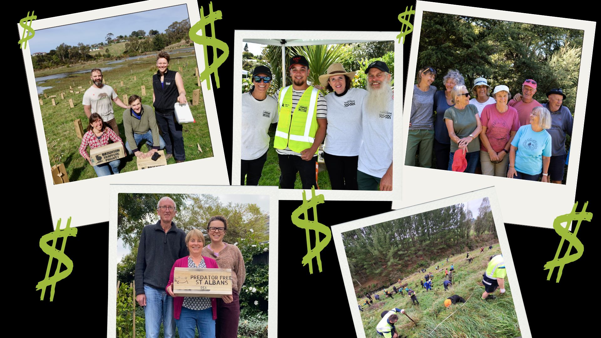 A collage of dollar signs and photos of community conservation groups.