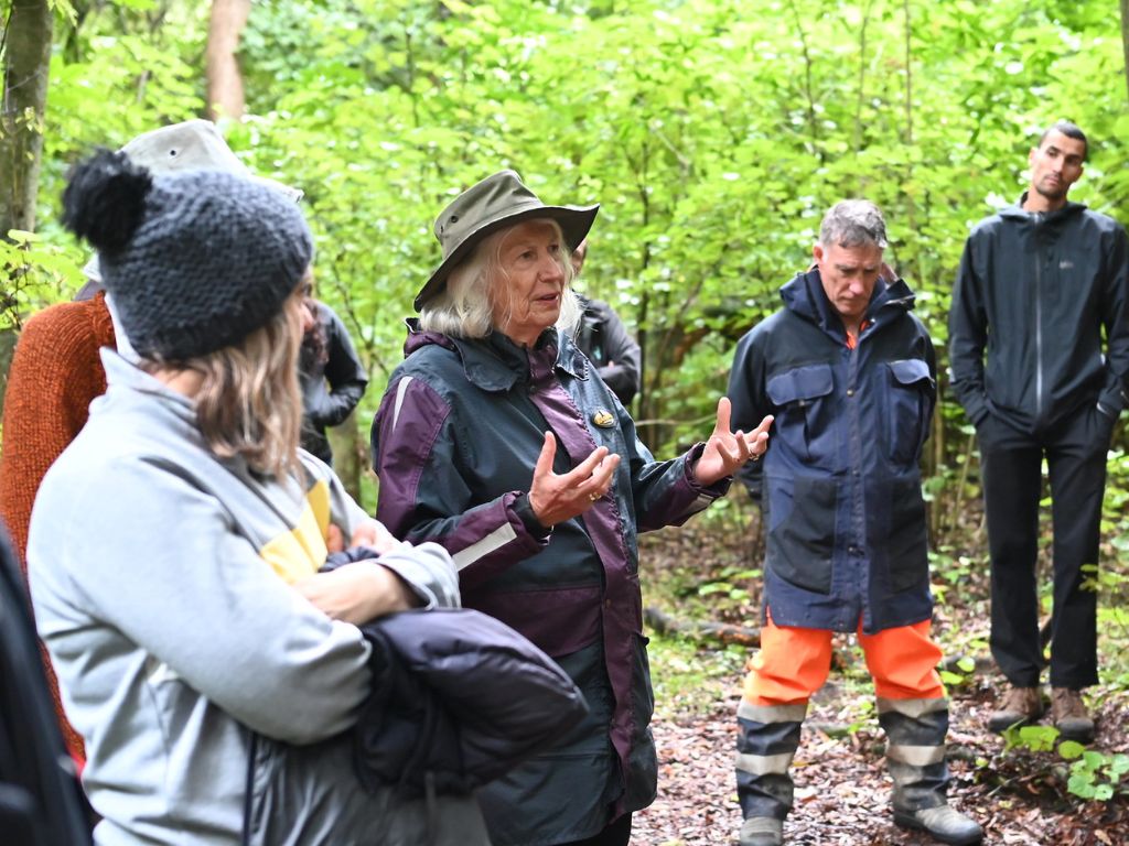 Dame Anne Salmond talking to a group of people in the bush