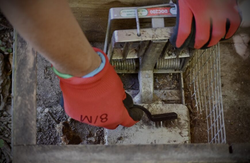 A person cleaning a trap. They are wearing gloves and are using a scrubbing brush to clean the trap.