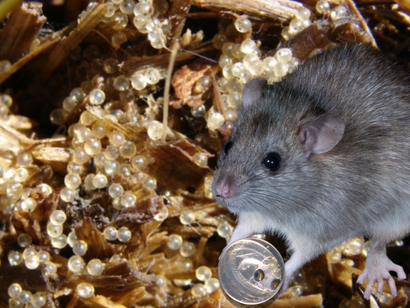 A rat holding a fish egg.