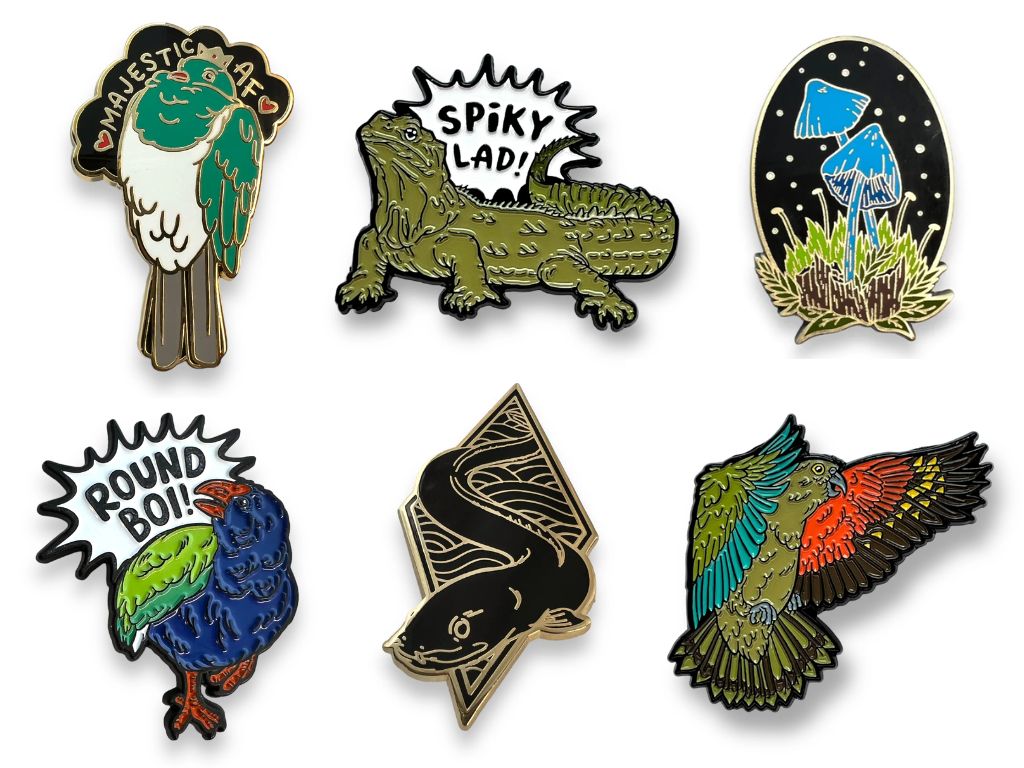 Enamel pins of native species.