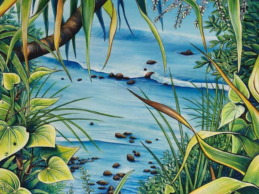 Painting of native plants on the coast, looking out to sea.