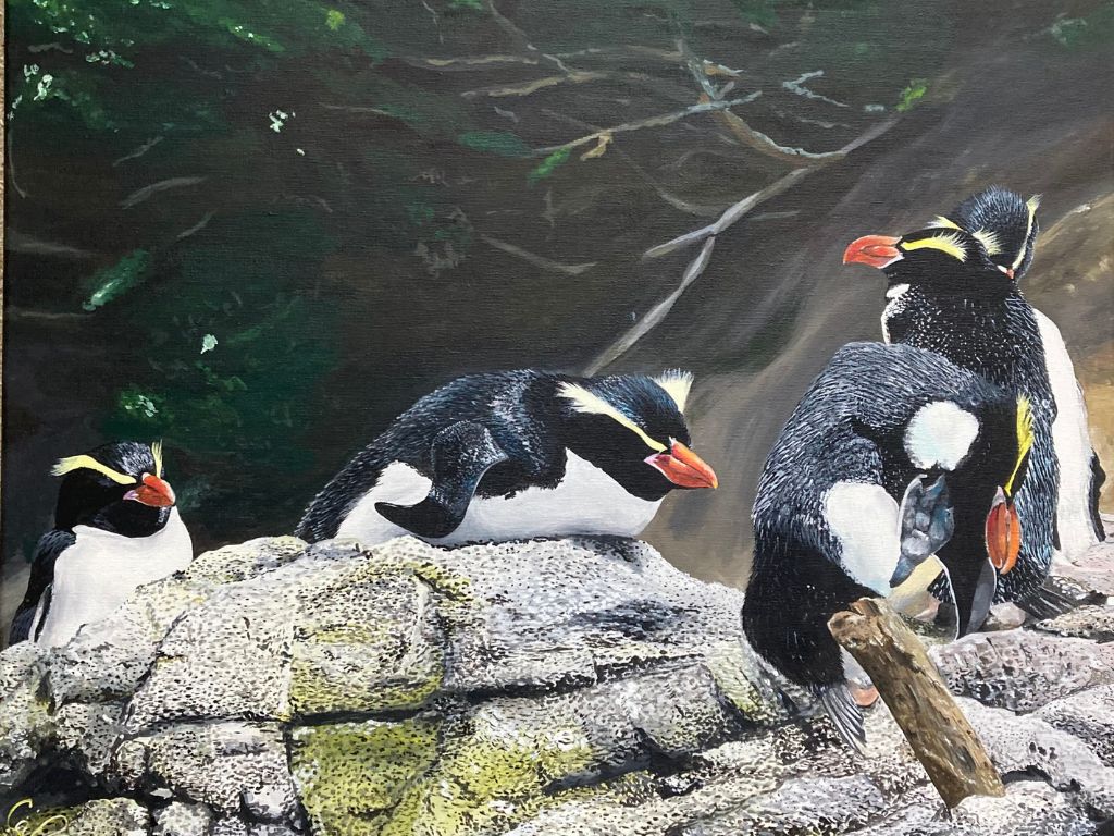 Painting of tawaki (fiordland crested penguins)