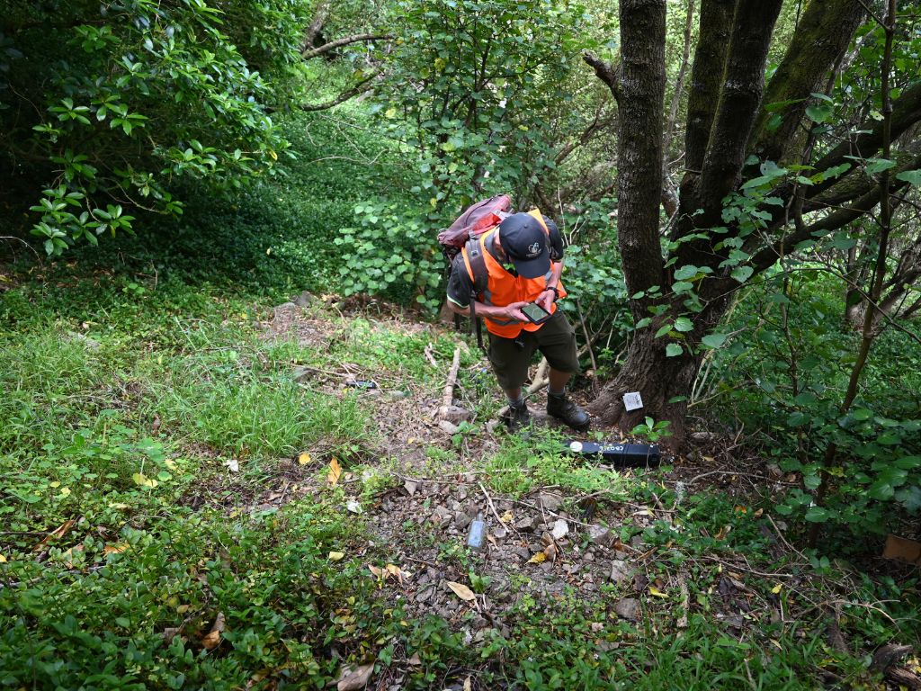 A man in high vis works on his phone in the bush next to a bait station.