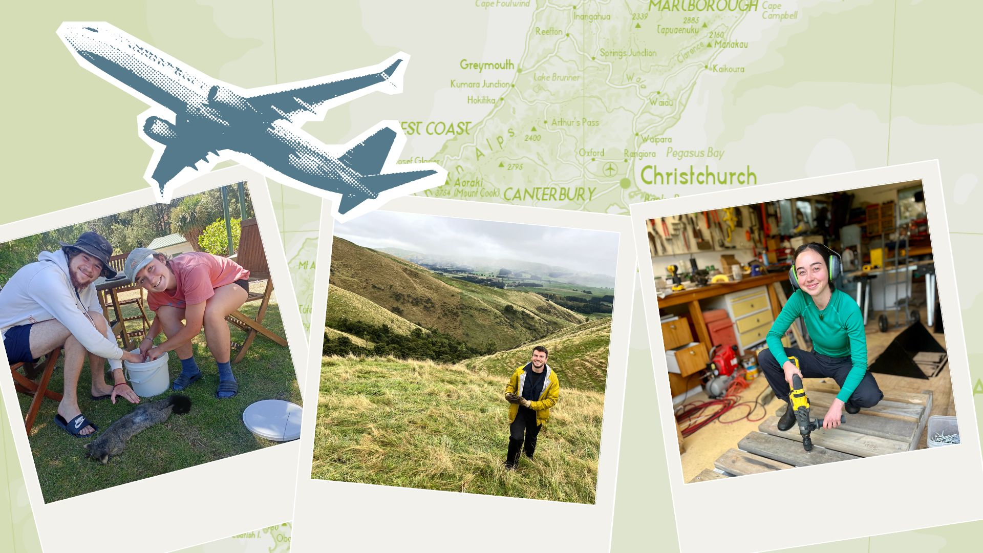 A collage of polaroid photos over a map of the South Island