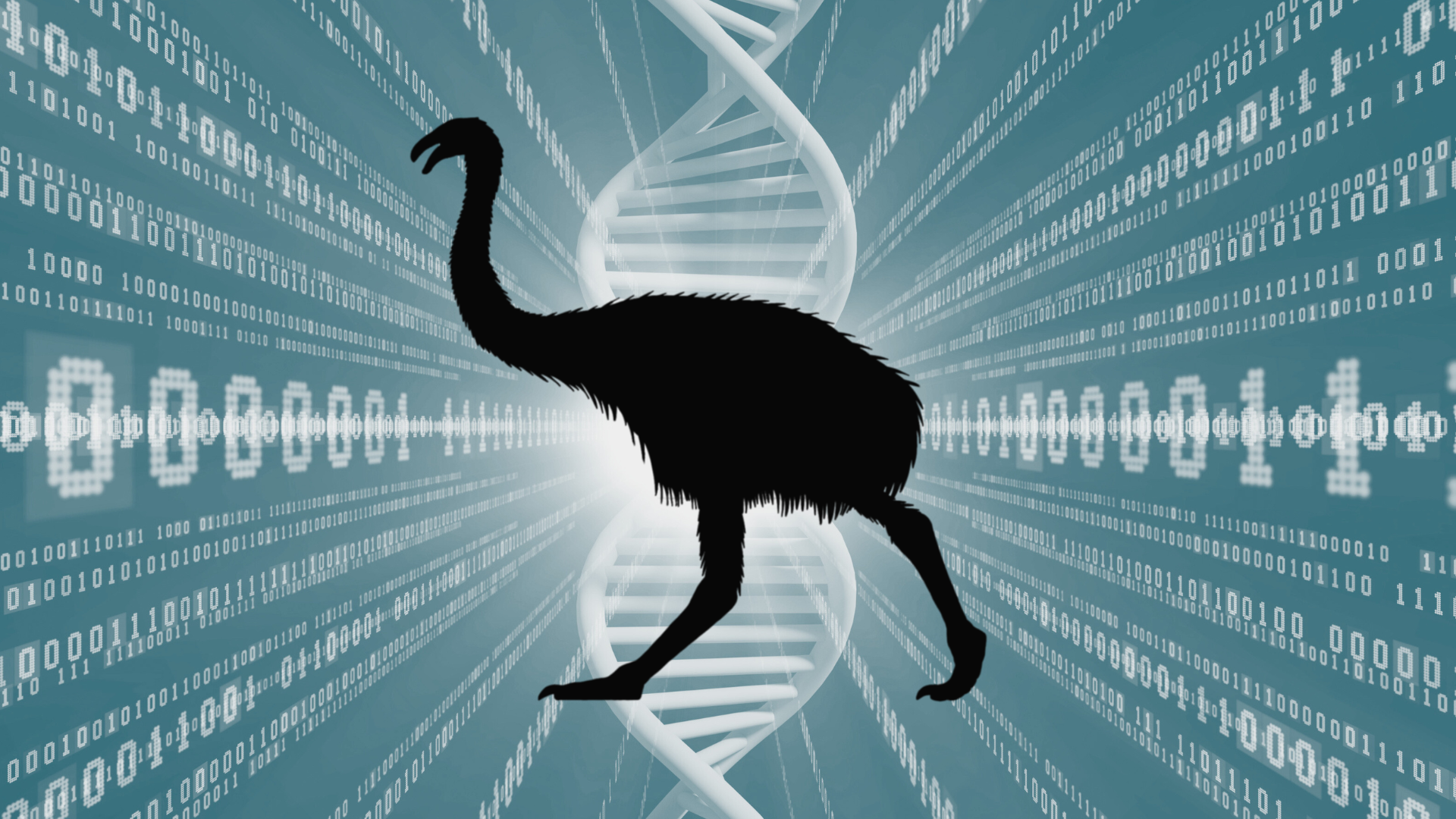 Silhouette of a moa on a background of DNA