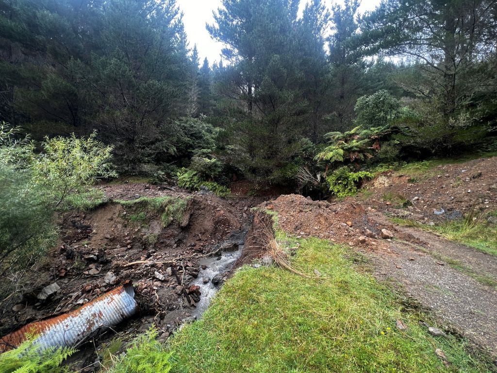 A washed out access road.Cyclone Gabrielle couldn’t stop this conservation project