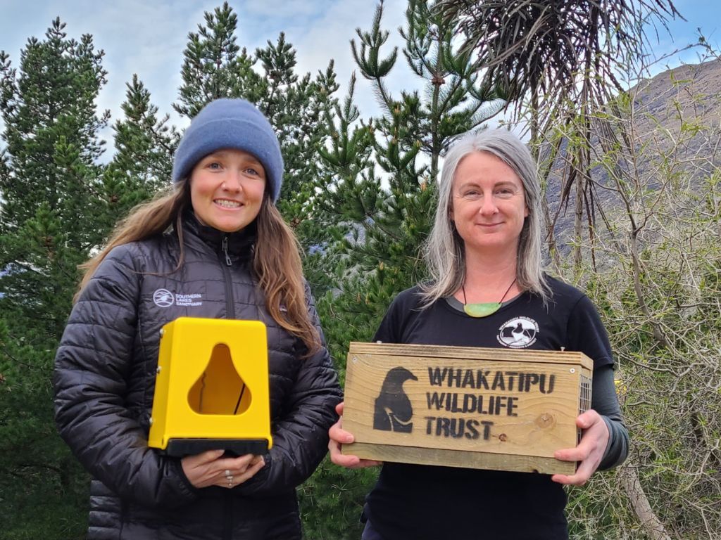 Two women holding traps - one a flipping timmy, and the other a wooden trap tunnel with Whakatipu Wildlife Trust spray painted on the side.