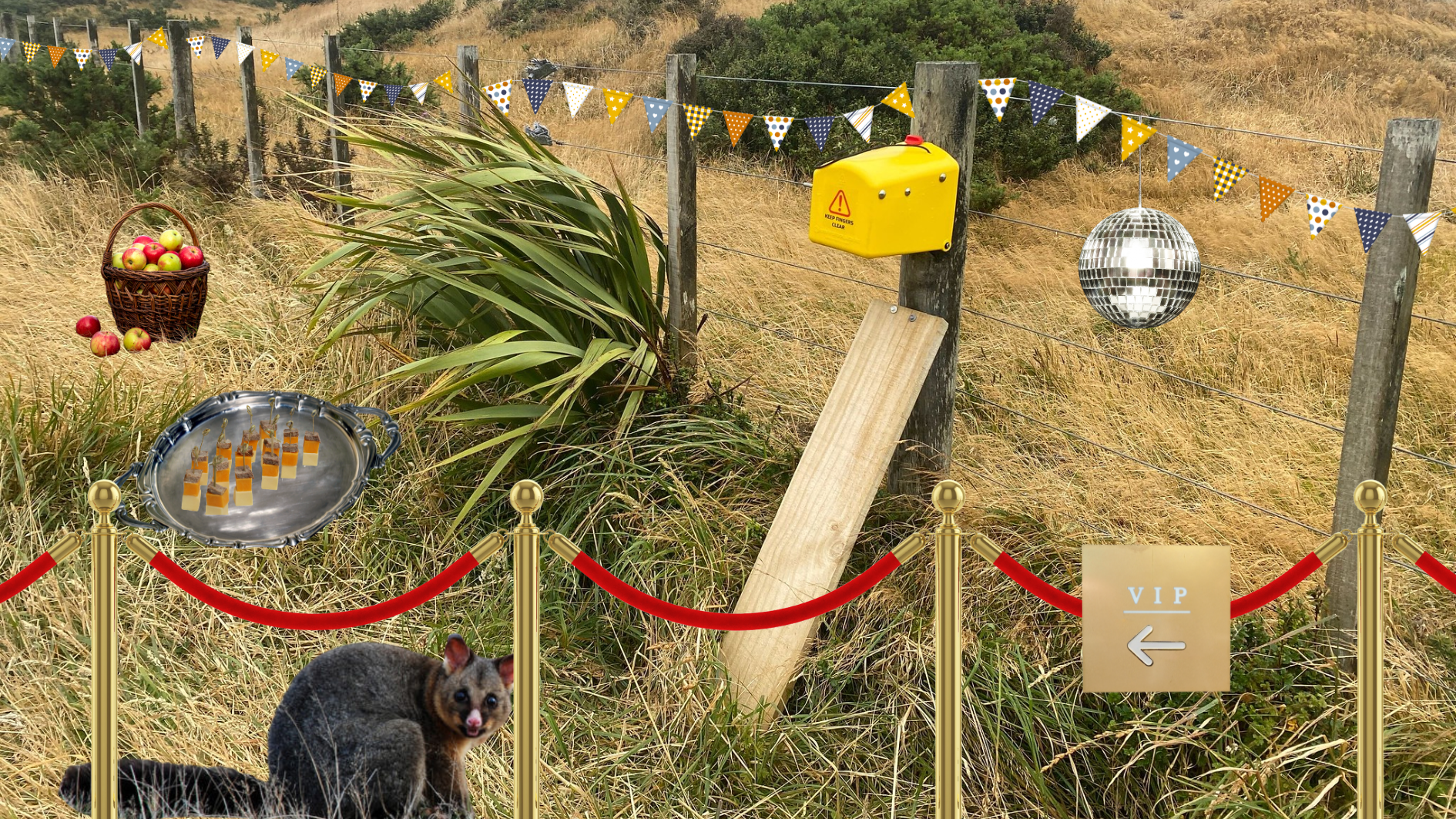 A possum near a trap with party decorations.