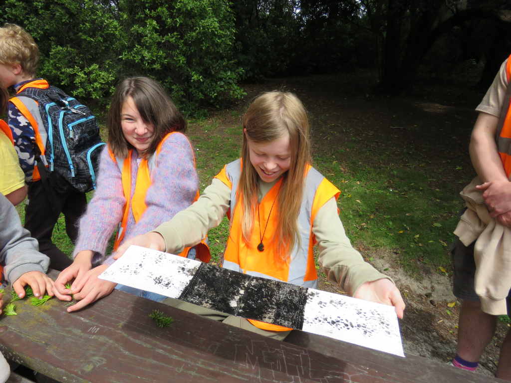 A child holding a footprint card from a tracking tunnel