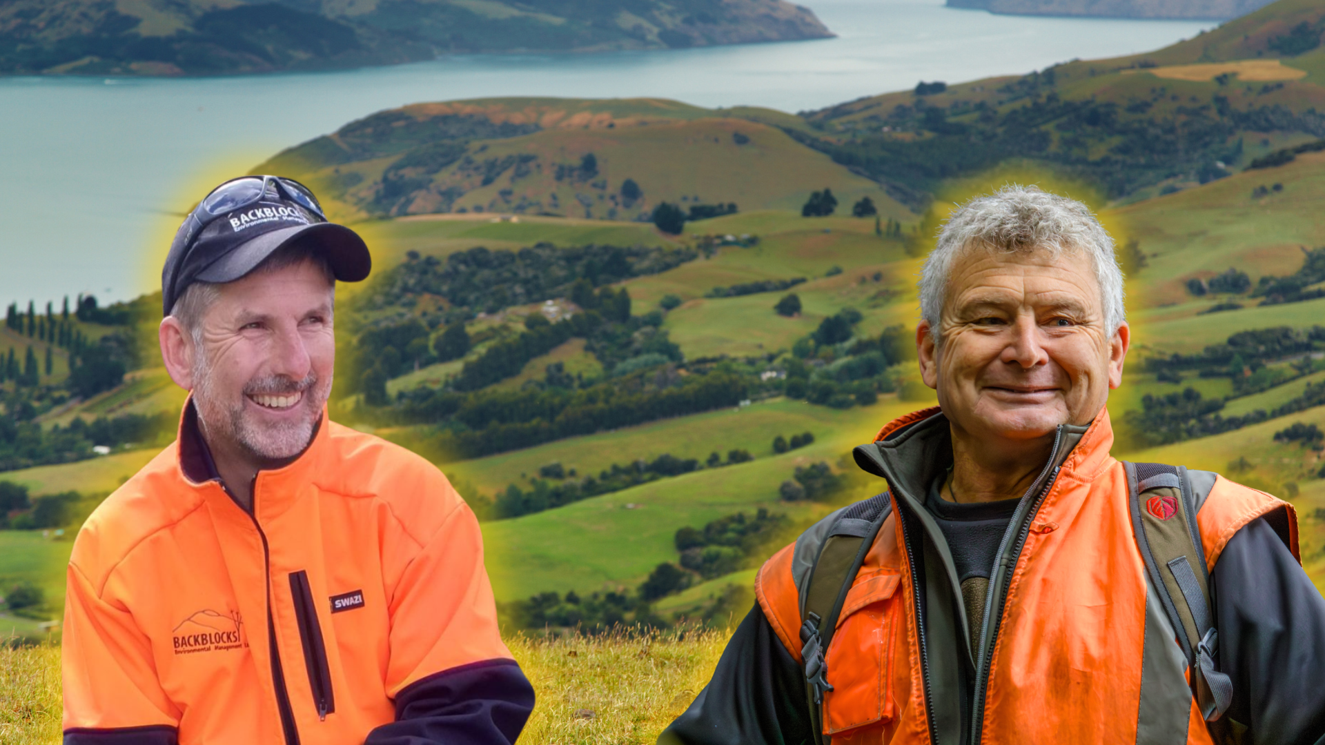 John Bissell and Cam Speedy in hi vis gear outdoors.