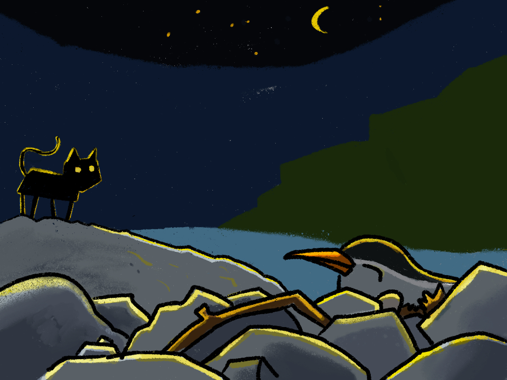 Illustration of a tern nesting at night as a feral cat looks on.